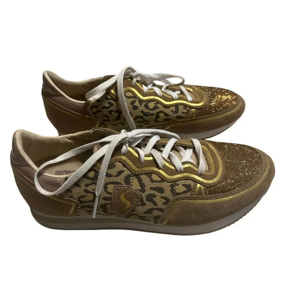 Skecher's Glitter Leopard Love Sneakers Size 8 Suede Textiles Memory Foam Gold - Picture 3 of 10